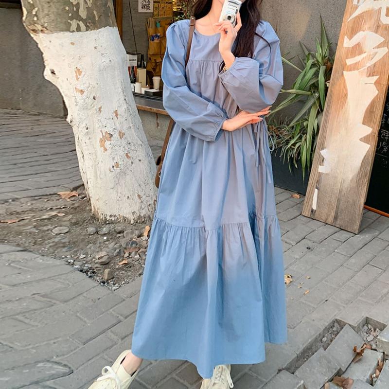 

Платье с оборками, поясом, приталенное, весна-осень, свободного кроя, стройнящее, макси-платье «русалка» L синий