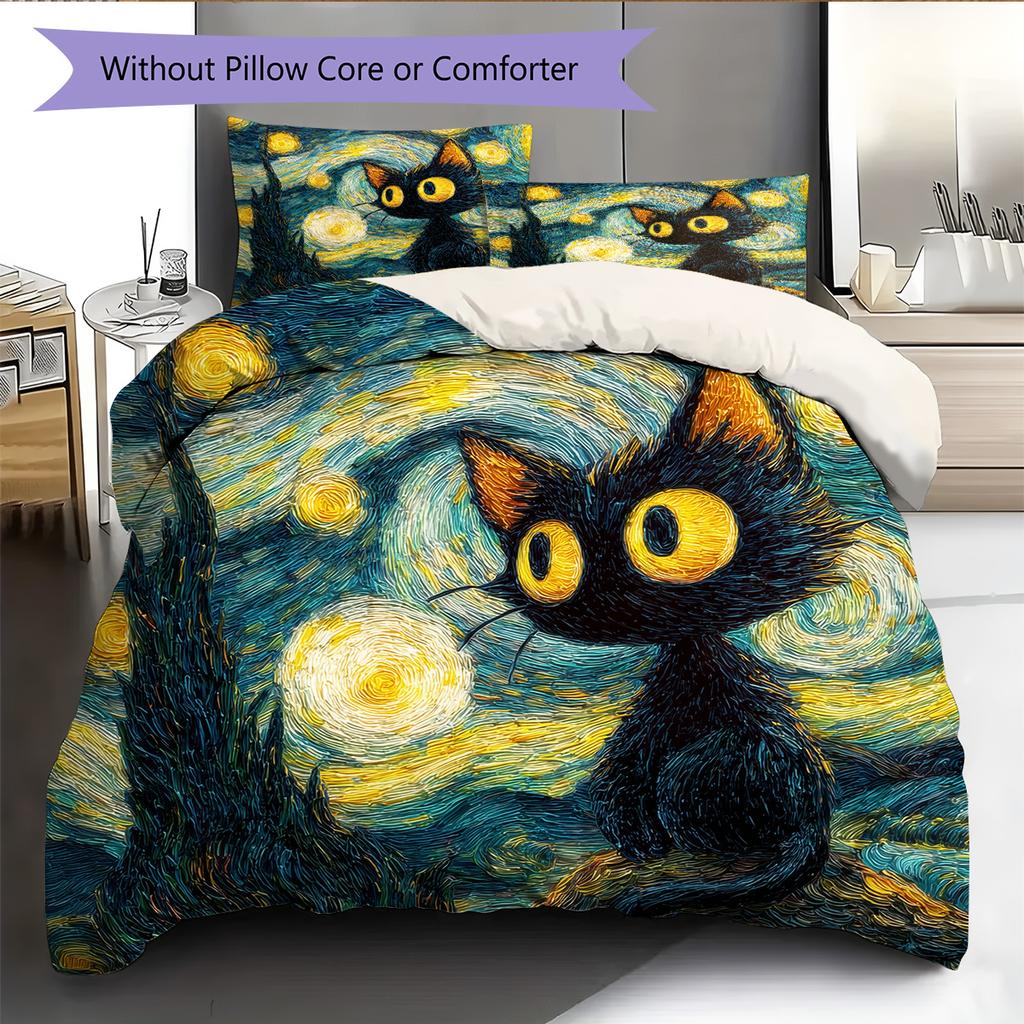 Starry Sky Black Cat  Pattern Bedding Quilt Set Quilt Cover Pillowcase Home Decoration  Gift (1 * Duvet Cover + 2 * Pillowcase, Without Core)