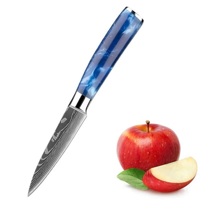 

Нож для фруктов из нержавеющей стали Кухонный нож из дамасской стали Портативный нож для чистки и нарезки фруктов Ручка из синей смолы Бытовой нож 1pcs синий