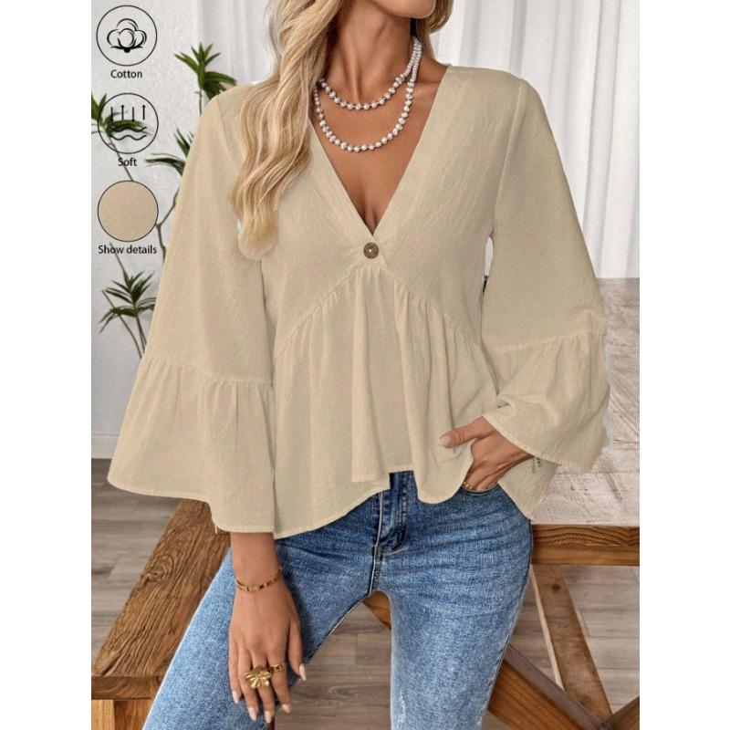 Spring Summer V-neck Elegant Loose Ruffled Women Blouse Half Sleeve Simple Casual Blouse Female New Solid Color Lotus Leaf Tops Office Sweet Clothing