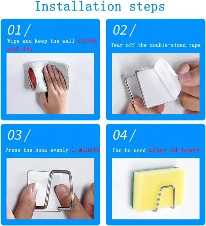 Suport pentru bureți pentru chiuvetă de bucătărie din oțel inoxidabil 12/1 buc. Suport de uscare autoadeziv de uz casnic Raft de depozitare pentru cârlige de perete organizator