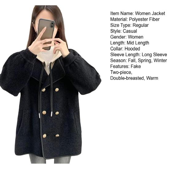 Women Jacket Fake Two-piece Drawstring Double-breasted Long Sleeves Cardigan Contrast Color Jacket