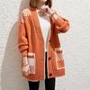 Medium and Long Spliced Plaid Knitted Cardigan Women's Autumn and Winter Collar Sweater Jacket Women's Loose Tide