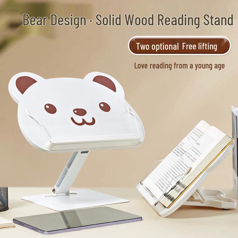 Adjustable Solid Wood Bear Book Stand for Kids and Students