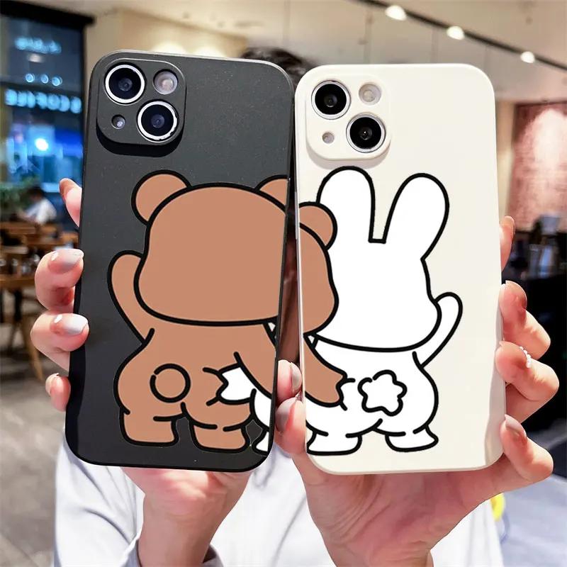 Cartoon Cute Bunny Bear Paired Couple Phone Case For IPhone 13 11 12 15 16 Pro Max Mini X XS XR 14 Plus Lovers Cover Funda Shell