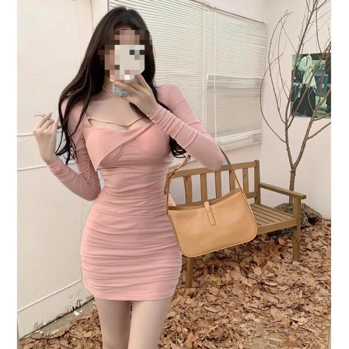 Spring Summer French Square Neck Puff Sleeve Bodycon Dress - Waist Cinched, Slimming Short Skirt