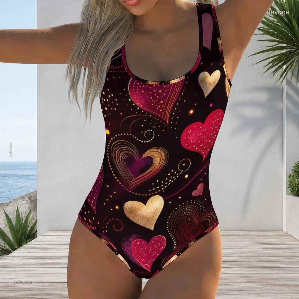 Women Plus Size U Neck Sleeveless One Piece Swimsuit Neon Heart Star Print