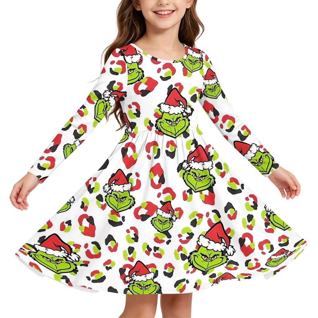 Weihnachtsdruck Langarmkleid für Mädchen mit Ärmeln für die Feiertagsparty und den Alltag