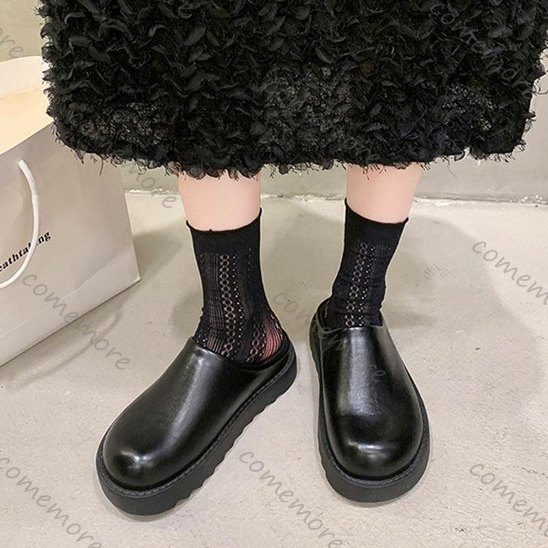 Comemore Baotou Thick Bottom Temperament Half Slippers for Women Autumn New Patent Leather Black Mules Flat Black Slides Loafers