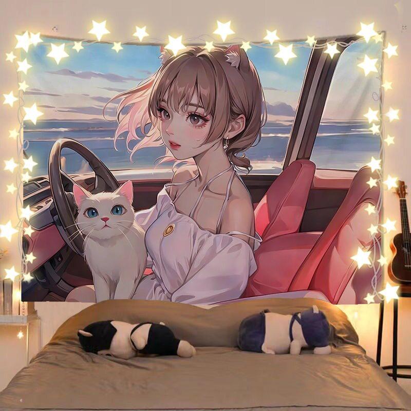 Anime Girl And Cat Healing Scenery Tapestry Wall Hanging Decorative Fabric for Room Headboard And Background Decoration