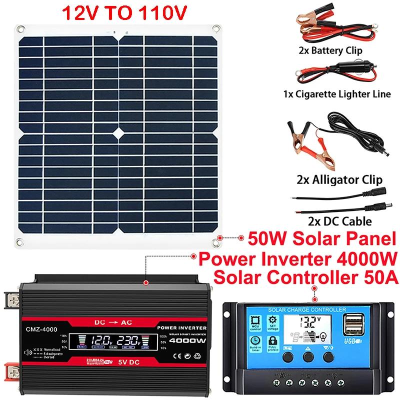 12V to 110/220V Solar Panel System 18V 50W Sola Pane+50A Controller+6000W Modified Sine Wave Inverter Kit Power Generation Kits