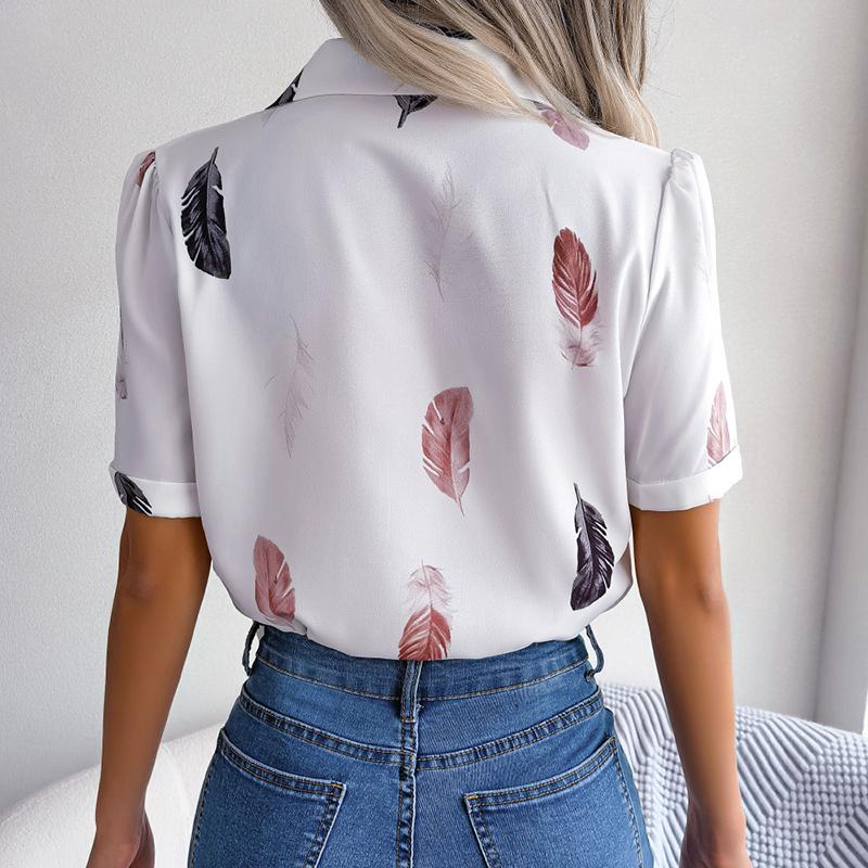 Women Summer Short Sleeve Lapel Feather Printed Casual Office Shirt Blouse Top