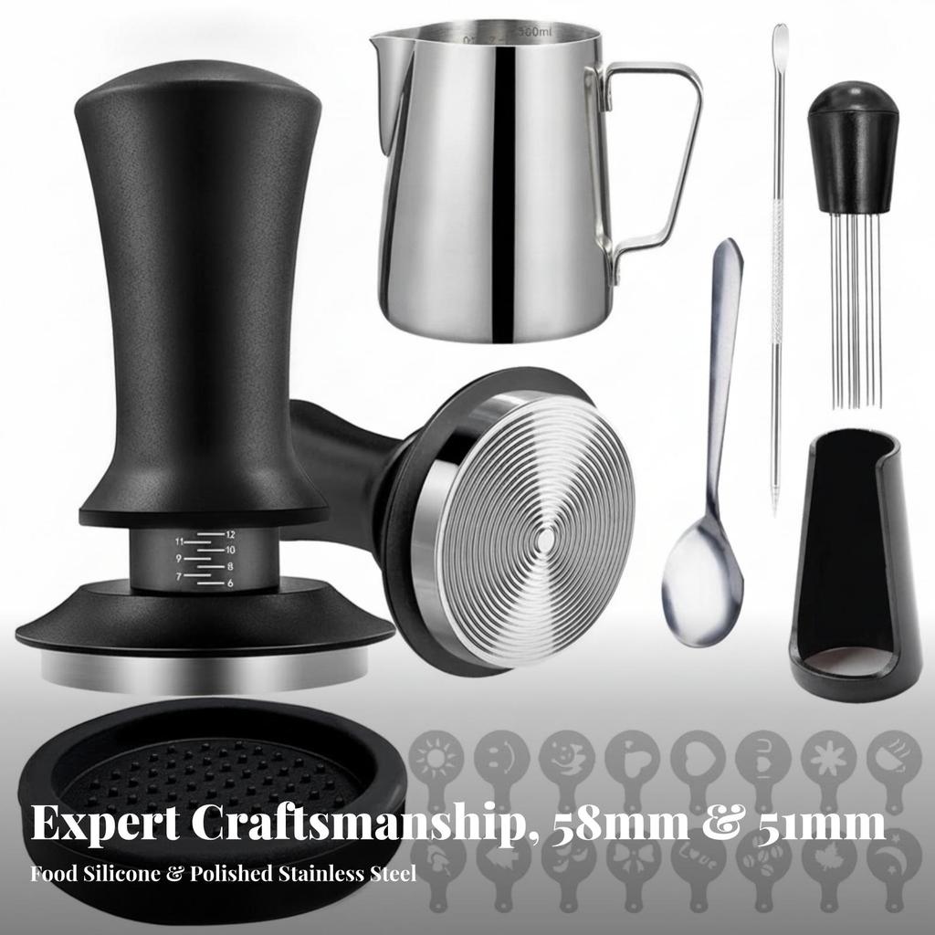 Espresso Tamping Kit with Pitcher Ergonomic Latte Art Set Stencils Non-Slip