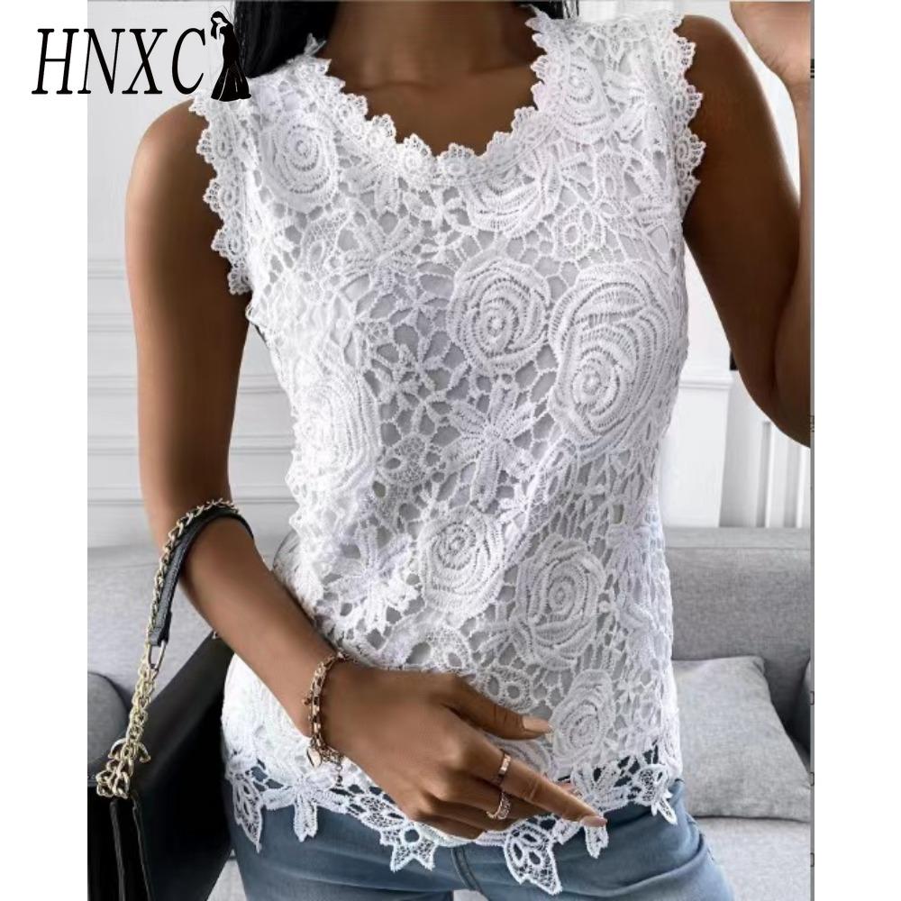 HNXC Women's Fashion Casual Solid Color Print Sleeveless O Neck Blouses & Shirts