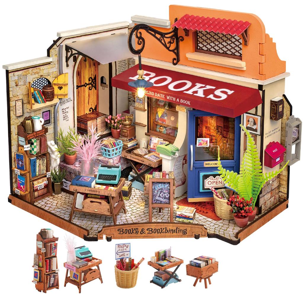 Corner Bookstore DIY Miniature House Kit Build Mini House Building Kit with LED Lights Craft Gifts for Kids Girl