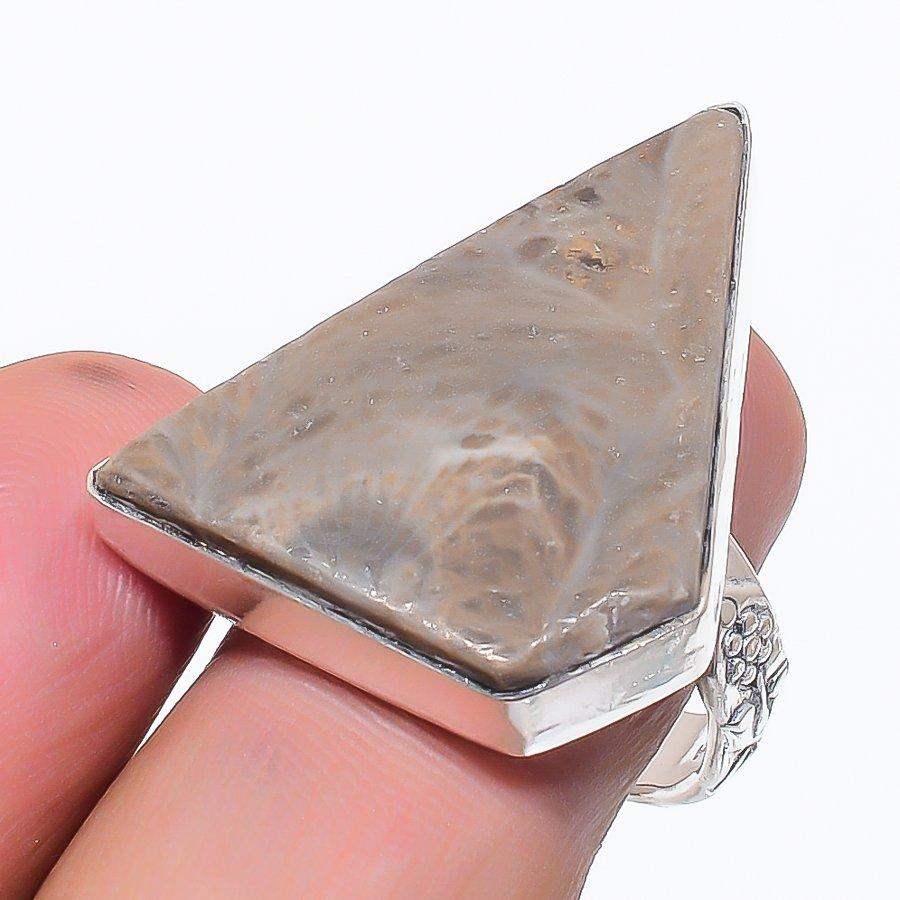 Natural Fossil Coral Gemstone 925 Sterling Silver Jewelry Ring Size 9 Q6v50
