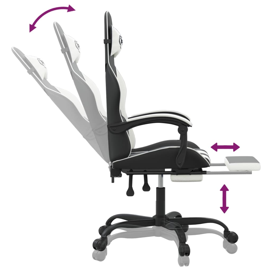 Gaming Chair with Footrest Swivel Black & White Faux Leather