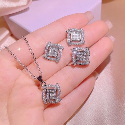 Stamp Square Necklace Stud Earrings Three-Piece Set Fashion Simple Women Micro-set Zircon Earrings Jewelry