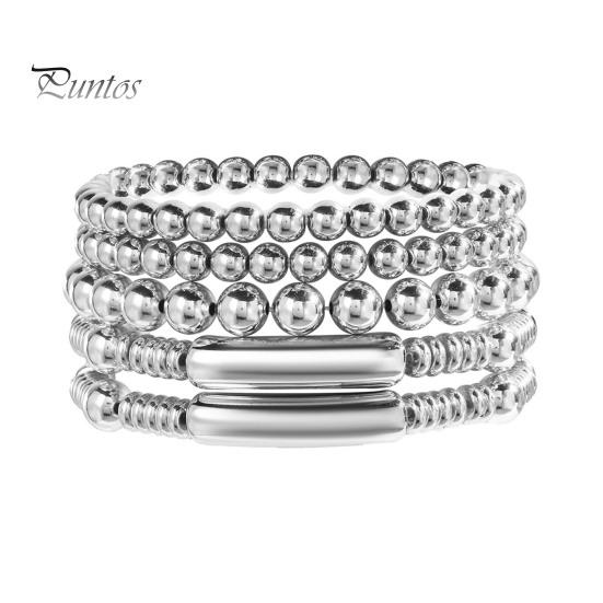 

5 шт. набор женских многослойных браслетов блестящие разные размеры сплав бусины эластичный шнур водонепроницаемый полированная поверхность запястье ювелирные изделия для клубной вечеринки серебряный