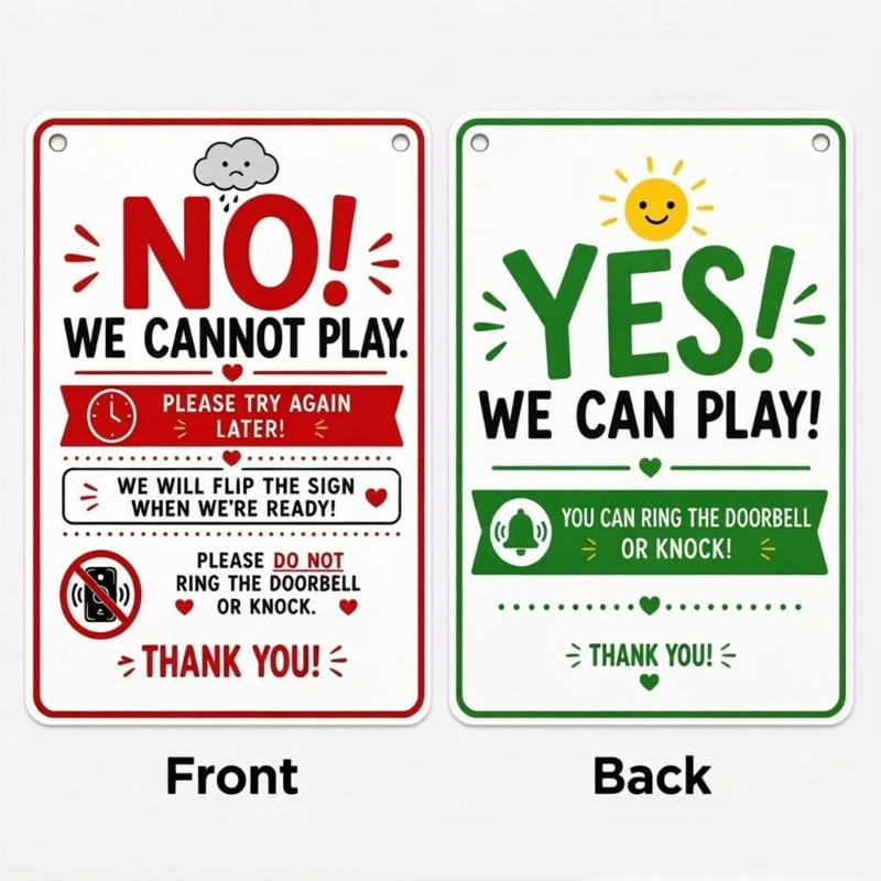 Front Door Play Status Sign, Reversible Double Sided Metal Door Hanger Plaque for Family with Kids and Neighbor Visit