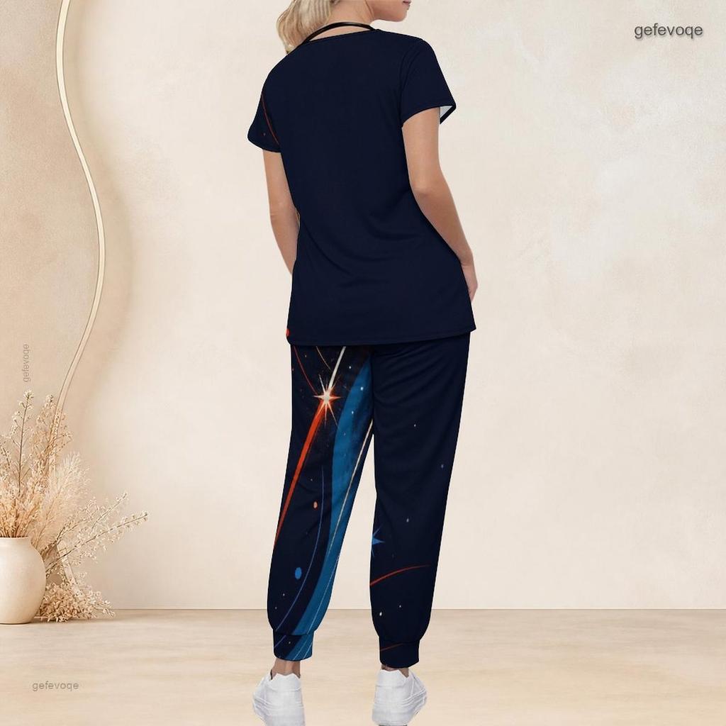 Damen Übergröße V-Ausschnitt Kurzarm Kasack-Set Marineblau Mit Roten Punkten Dekor Print Krankenschwester Uniform Set