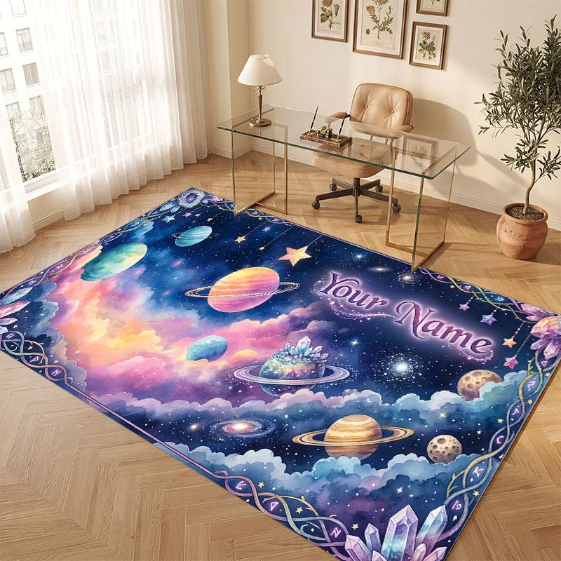 Space Cosmic Theme Crystal Velvet Floor Rug Personalized Custom Name Text Warm Carpet Home Decoration