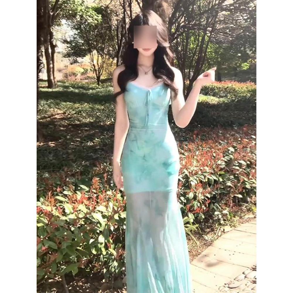 Women's photo shoot good-looking skirt vintage spring and summer butterfly print mermaid sundress mesh long skirt