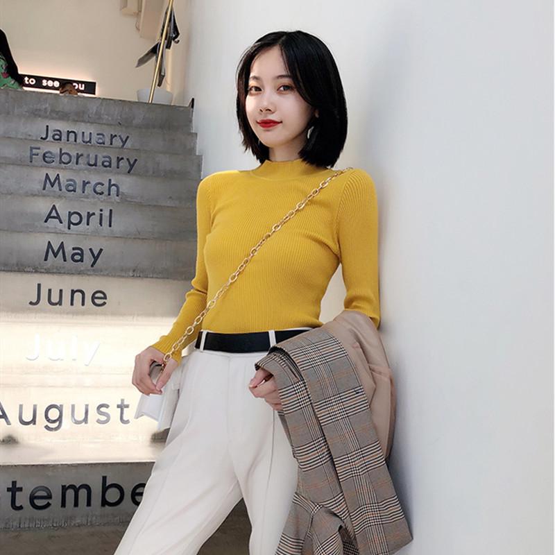 New Autumn Long Sleeve Base Knitted Sweater Women Winter Fashion Half High Collar Pullover Women Sweaters Vintage Slim Fit Solid Casual Knitwear 24970