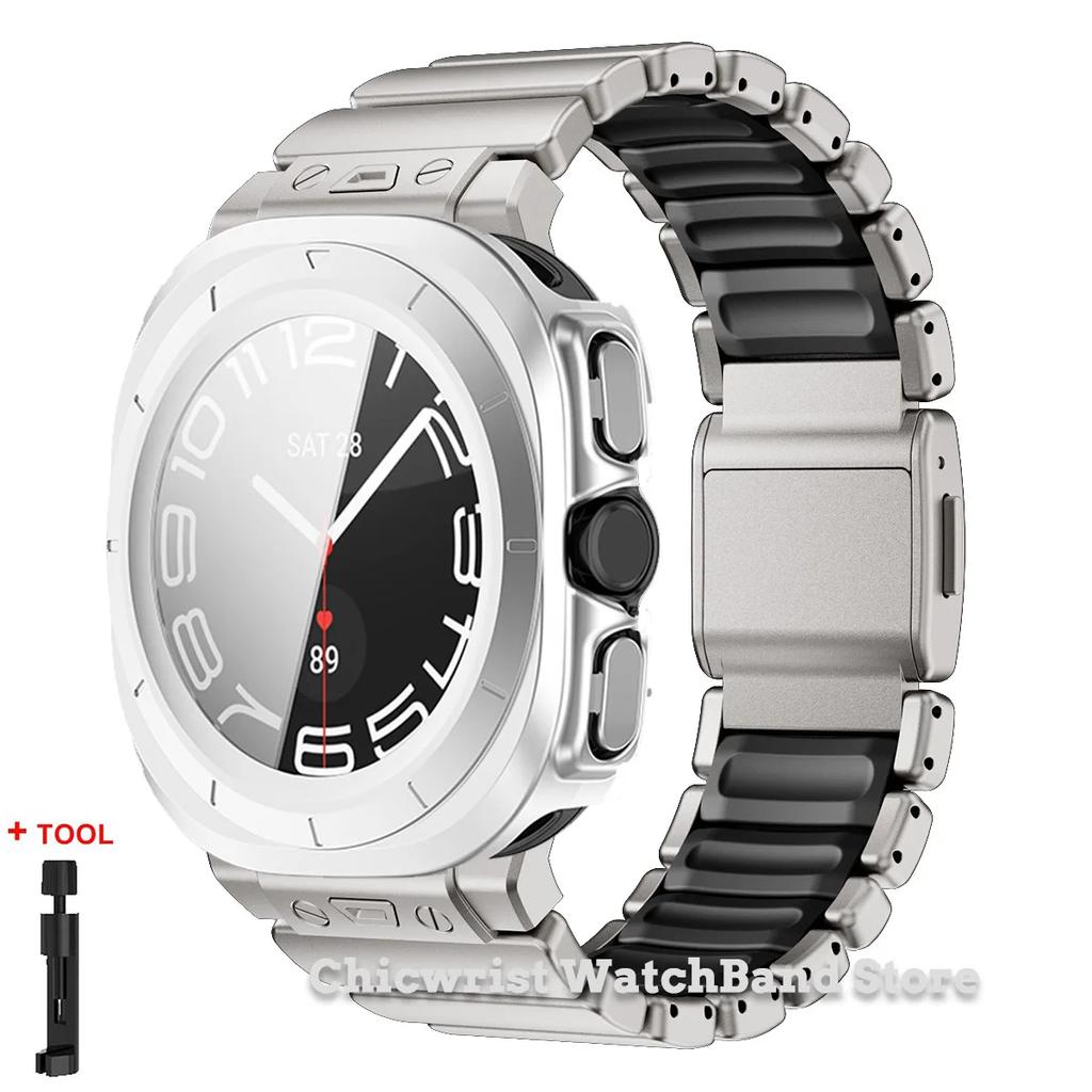 Armband+Hülle für Samsung Galaxy Watch Ultra 2025/7 ultra Edelstahl Gummiarmband Gehärtetes Glas Displayschutz Hülle aus Hart-PC