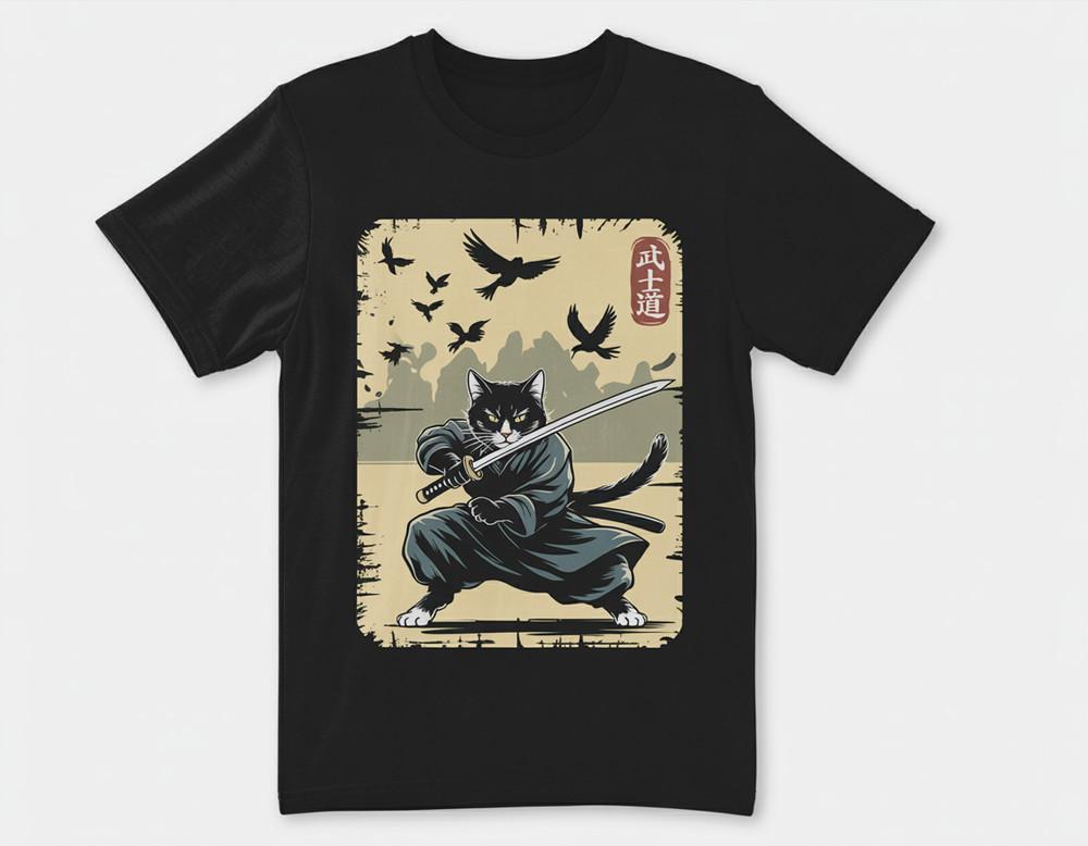 Samurai Cat Graphic Tee Warrior Vintage Japanese Art Anime T-Shirt Unisex T-Shirt XXL