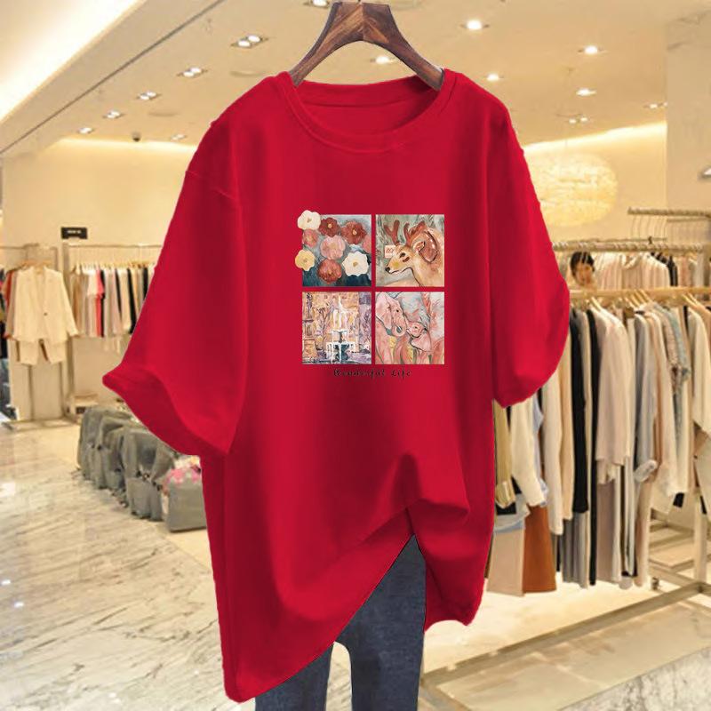 Dark green short-sleeved t-shirt women's large version loose pure cotton medium and long belly-covering and thin half-sleeved t-shirt ns tide