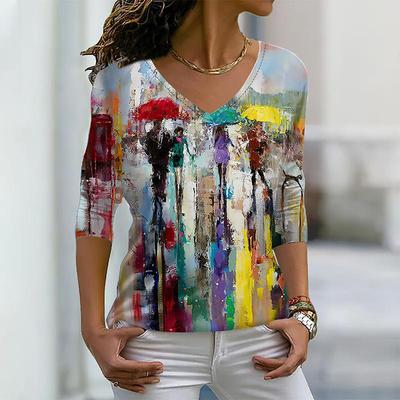 Women Autumn Floral Colorful Speckle Painting Printed Long Sleeve T-Shirts Loose V-Neck Plus Size Tee Shirt Tops Comfy Blouse