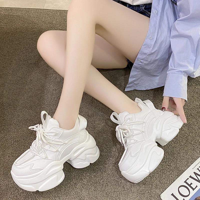 Fashion Women Chunky Leather Sneakers 7.5CM High Platform Ulzzang Sports Dad Shoes New 2024 Autumn Breathable Thick Bottom Casual Shoes