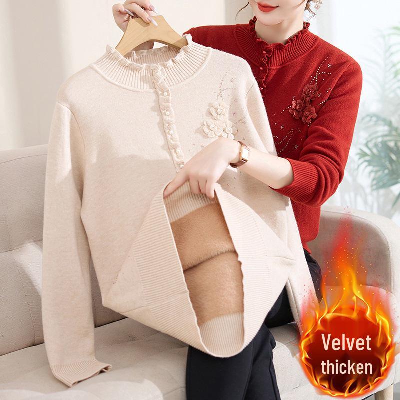 Women's Fleece Knit Top: Wood Ear Collar, Plus Velvet Warm Base Layer, Winter Inner Wear, Middle-Aged Mom's Sweater