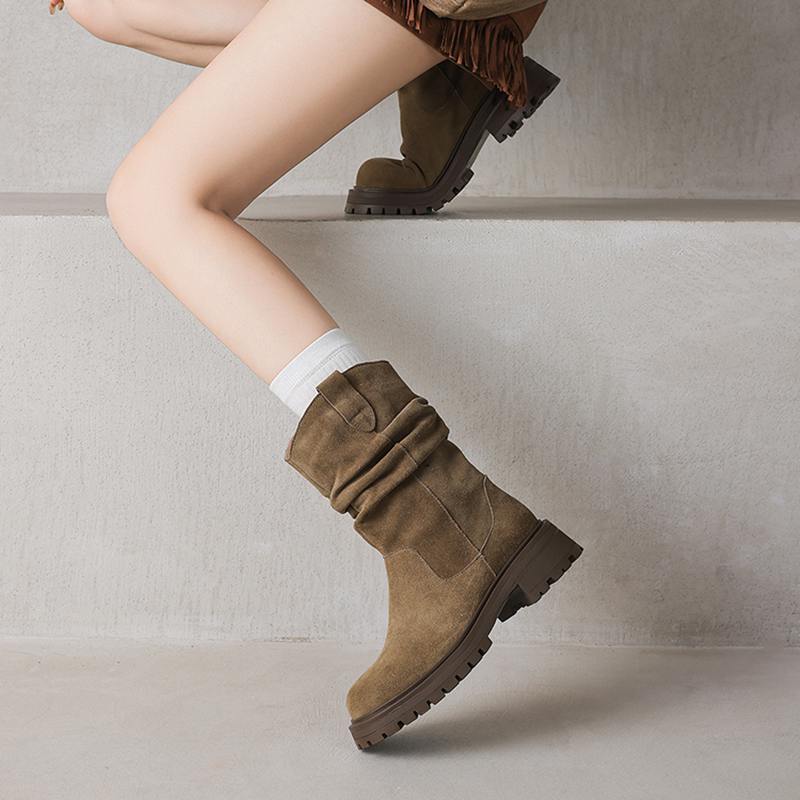 Krazing Pot Cow Suede Nubuck Winter Round Toe Western Boots Med Heels Pleated Decoration Women British School Mid-calf Boots