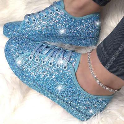 Damskie sznurowane sneakersy brokatowe letnie płaskie buty wulkanizowane damskie błyszczące codzienne damskie modne buty na platformie Zapatos De Mujer