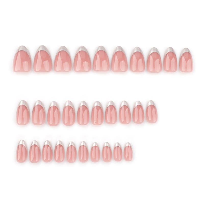 Silver French Tip Press On Nail Short Almond Full Cover False Nail Simple Stick on Nail Simple Artificial Nail