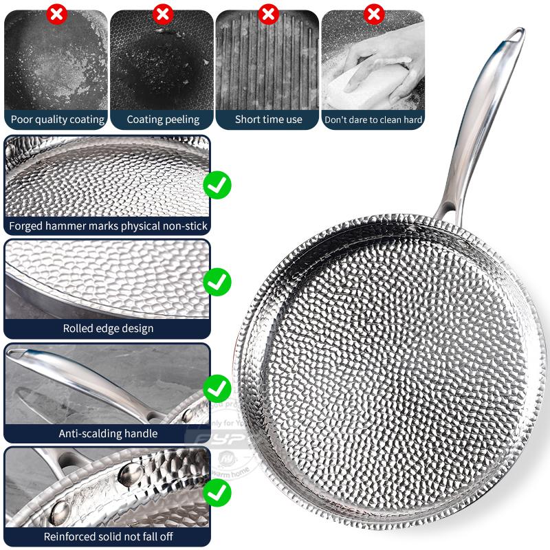 304 Stainless Steel Frying Pan Non-Stick Uncoated Omelette Frying Steak Household Hammered Pan Kitchen Cookware