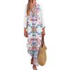 Women Fall Spring Dress V Neck Irregular Hem Floral Print Long Sleeves Loose Side Split Ethnic Style Casual Beach Maxi Dress