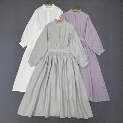 Spring Long Sleeve Dress Japanese Stand Collar Wood Ear Trim Solid Color Vintage Loose Women Dresses