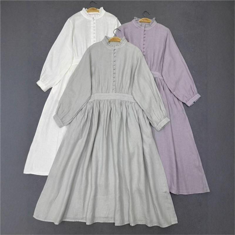 Johnature Spring Long Sleeve Dress Japanese Stand Collar Wood Ear Trim Solid Color Vintage Loose Women Dresses