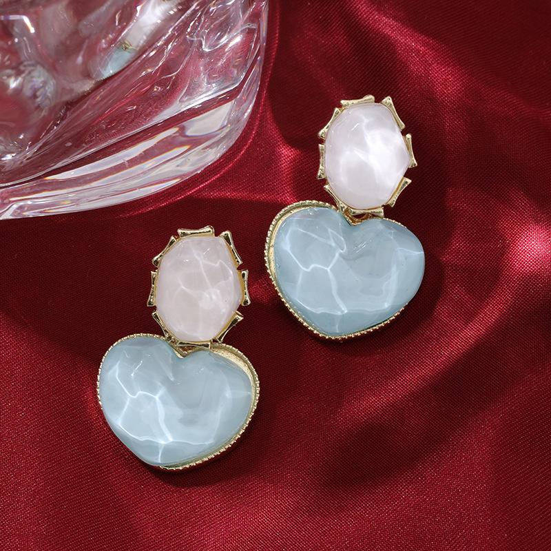 Autumn and Winter Blue Color-Block Water Ripple Heart Vintage Geometric Peach Heart Unique Light Luxury Design Earrings