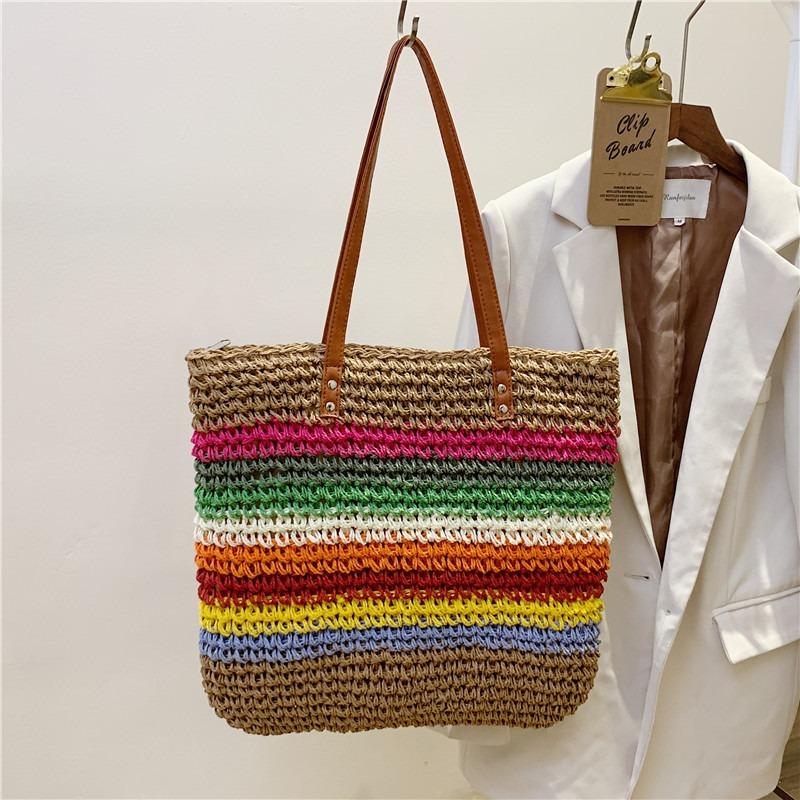 New Rainbow One Shoulder Straw Bag Handwoven Bag Women's Large Capacity Tote Bag Seaside Resort Beach Bag