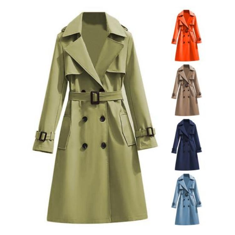 Windproof Women Trench Coat Double Breasted Long Overcoat with Belt and Notch Lapel Classic Outerwear for Fall Winter