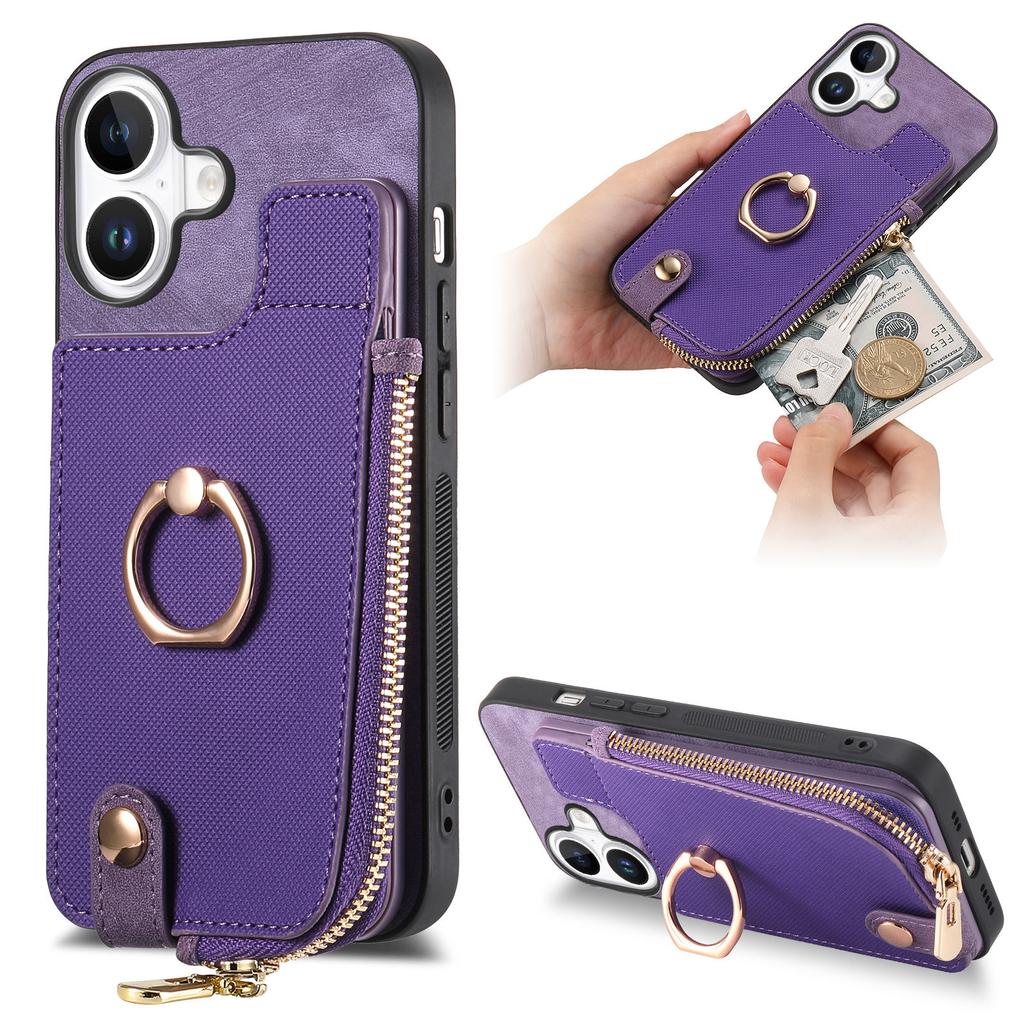 For iPhone 16 Plus Case Zipper Pocket Kickstand Leather Phone Back Cover