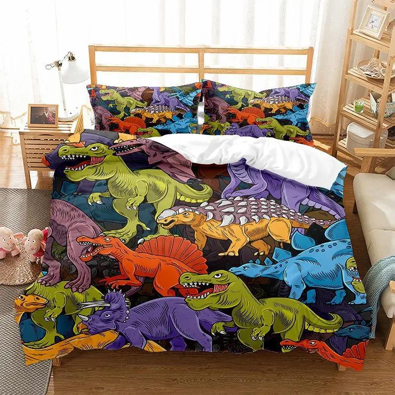 Dinosaur Duvet Cover Set Cartoon Cute Duvet Cover Boy Bedding Dino Comforter Cover Sets Soft Dinosaur Animal Teen Bedroom 3pcs