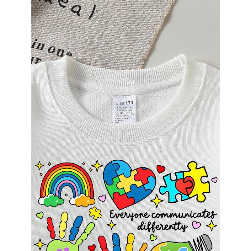 European sizes Girls' Soft Crewneck Sweatshirt Autism Awareness Neurodiversity Puzzle Heart Print, Casual All-Match, Ideal Holiday Present