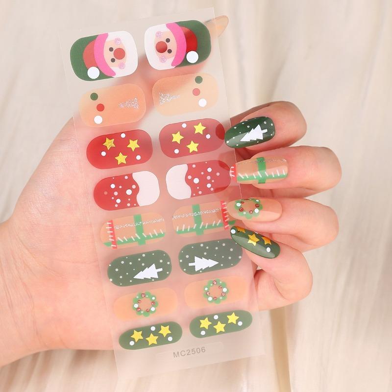 Autocolante de Crăciun pentru unghii cu gel fără coacere cu 16 degete, Autocolante pentru unghii cu folie de ulei pentru unghii