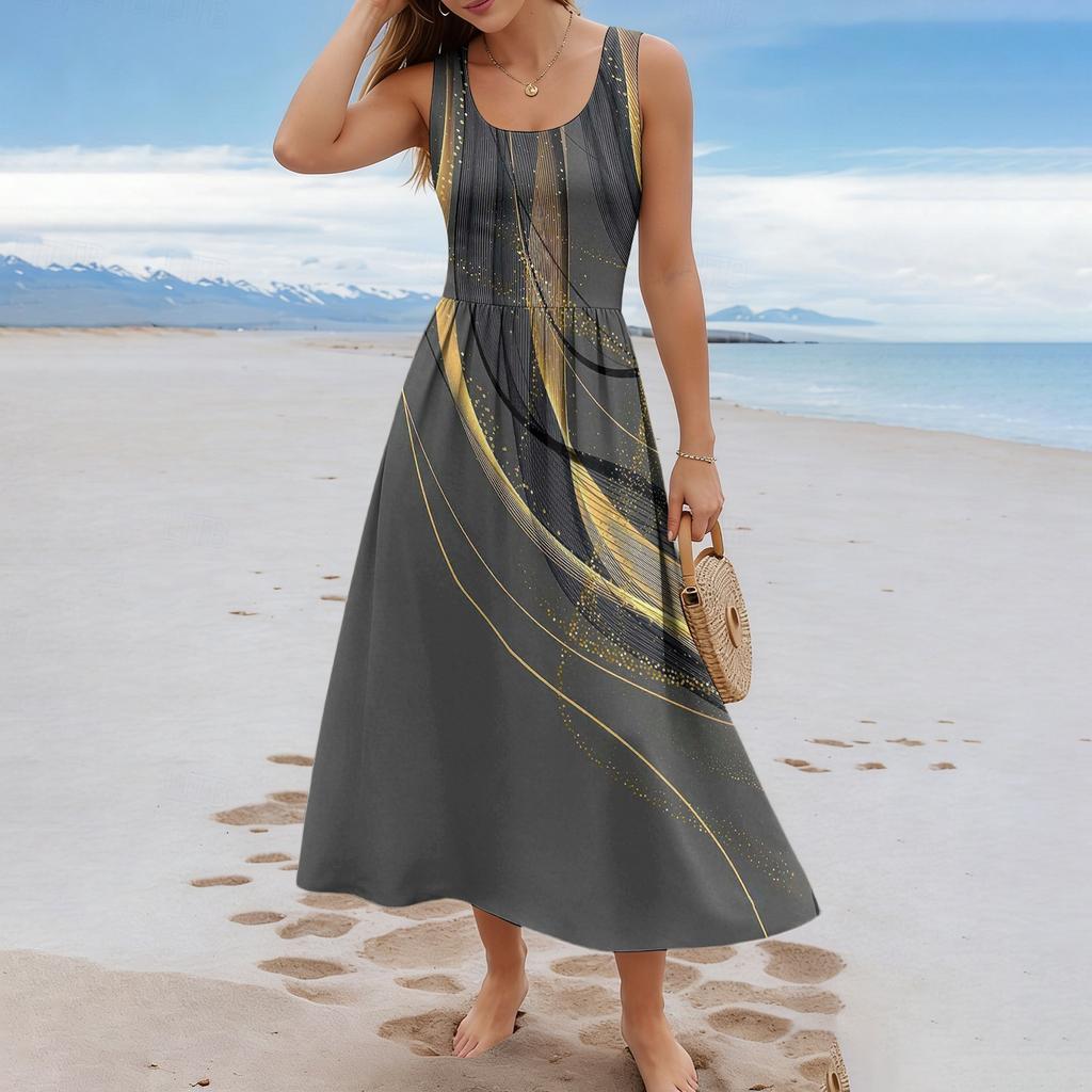 Damska kwiecista letnia codzienna i modna bezrękawnikowa długa sukienka