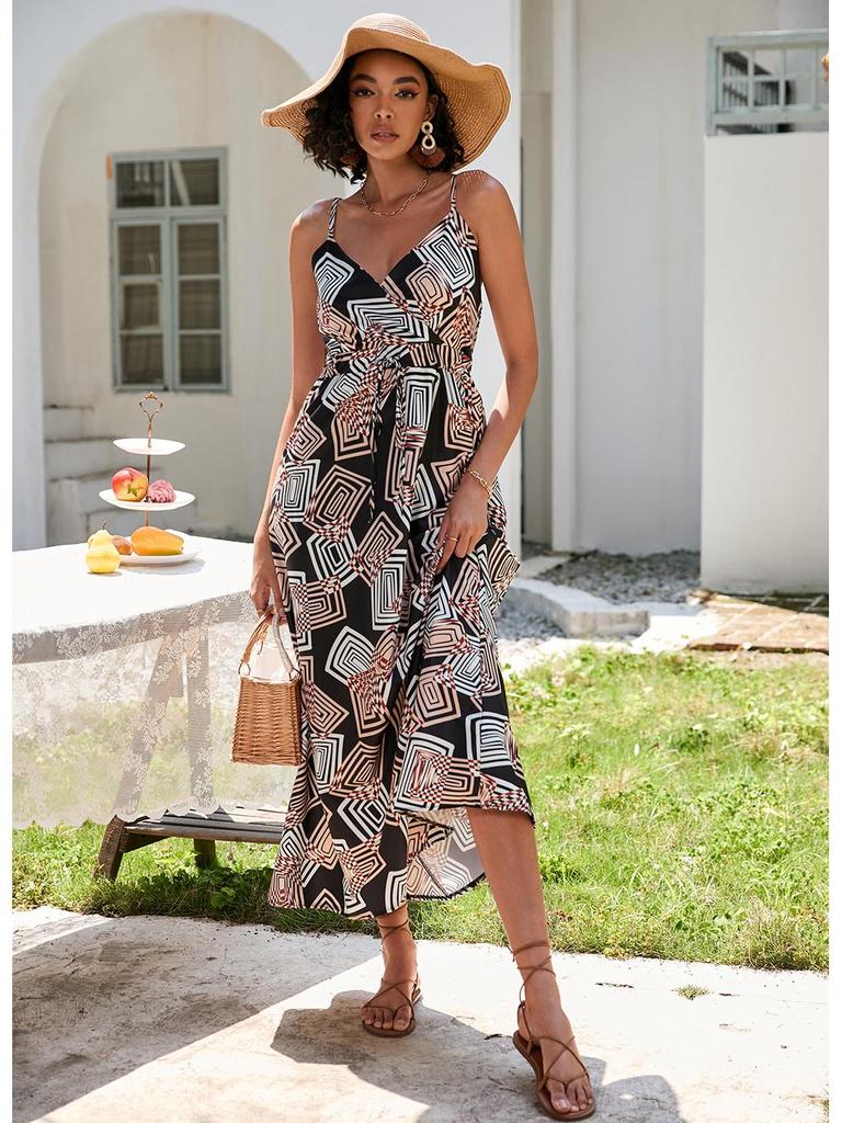 European and American Print Waist-Cinching Summer Midi Sling Dress for Women